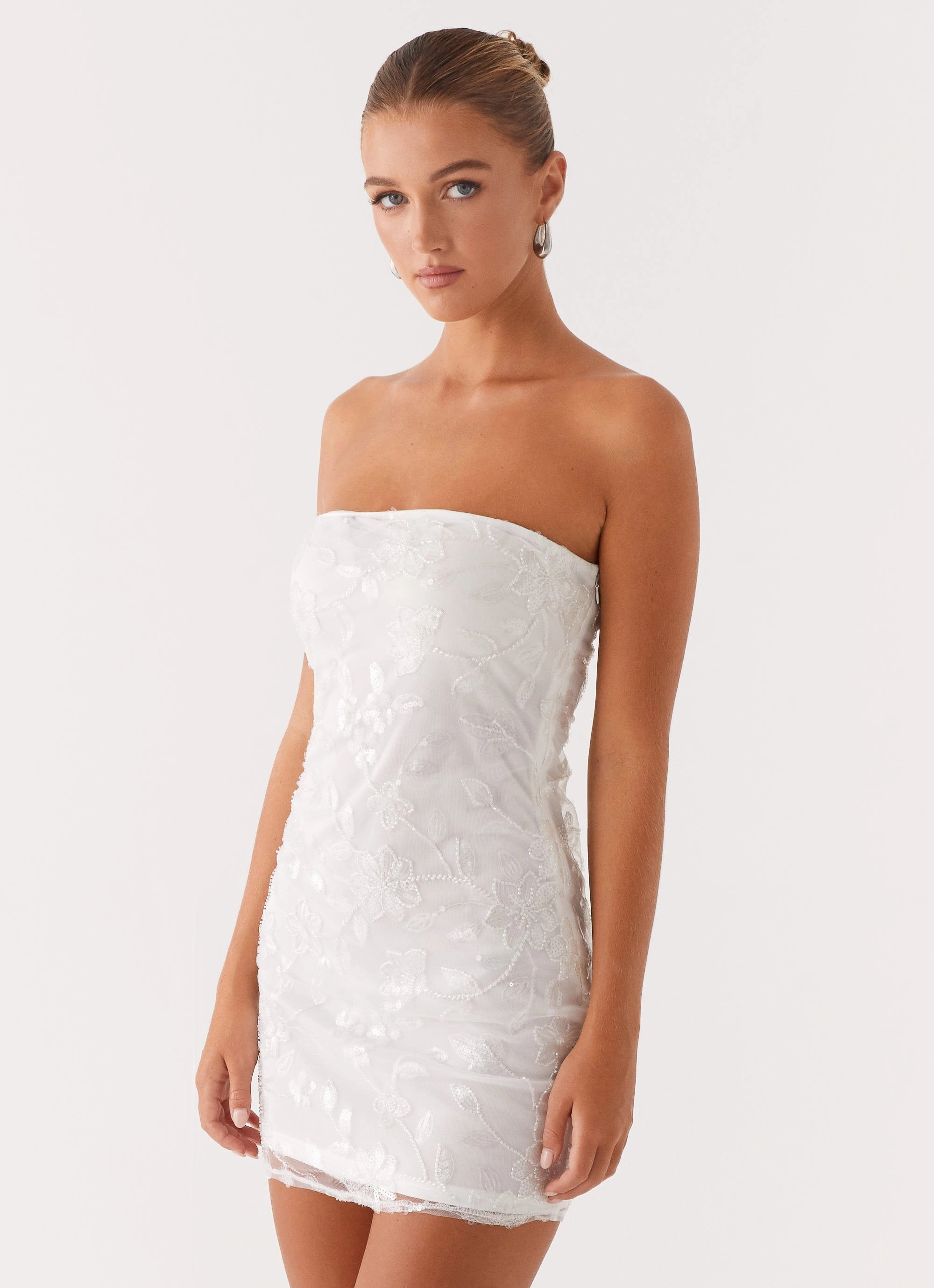 Moorey Beaded Mini Dress - White Silver Delicate Details