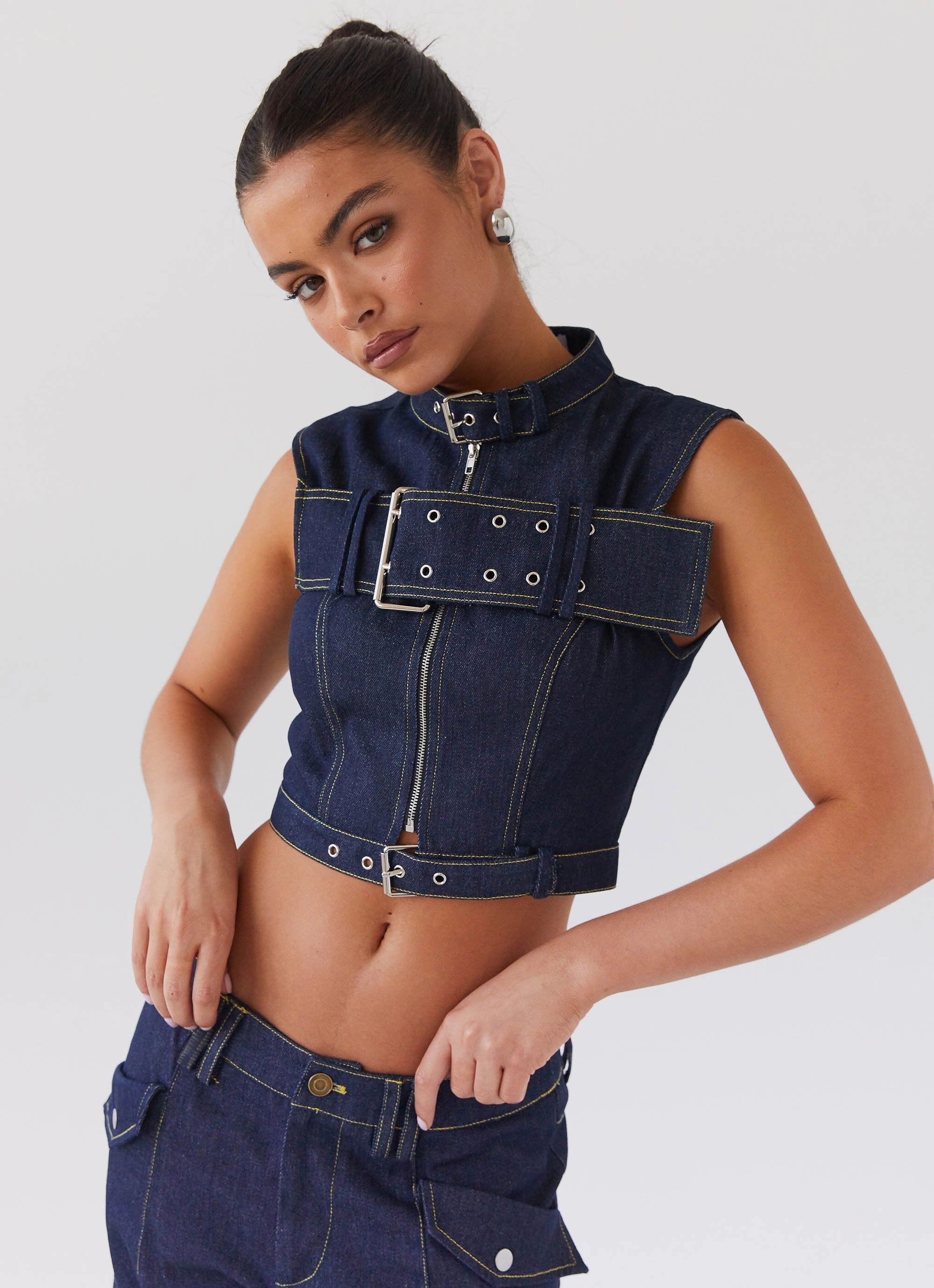 Lightweight Fabric Greedy Denim Buckle Top - Indigo