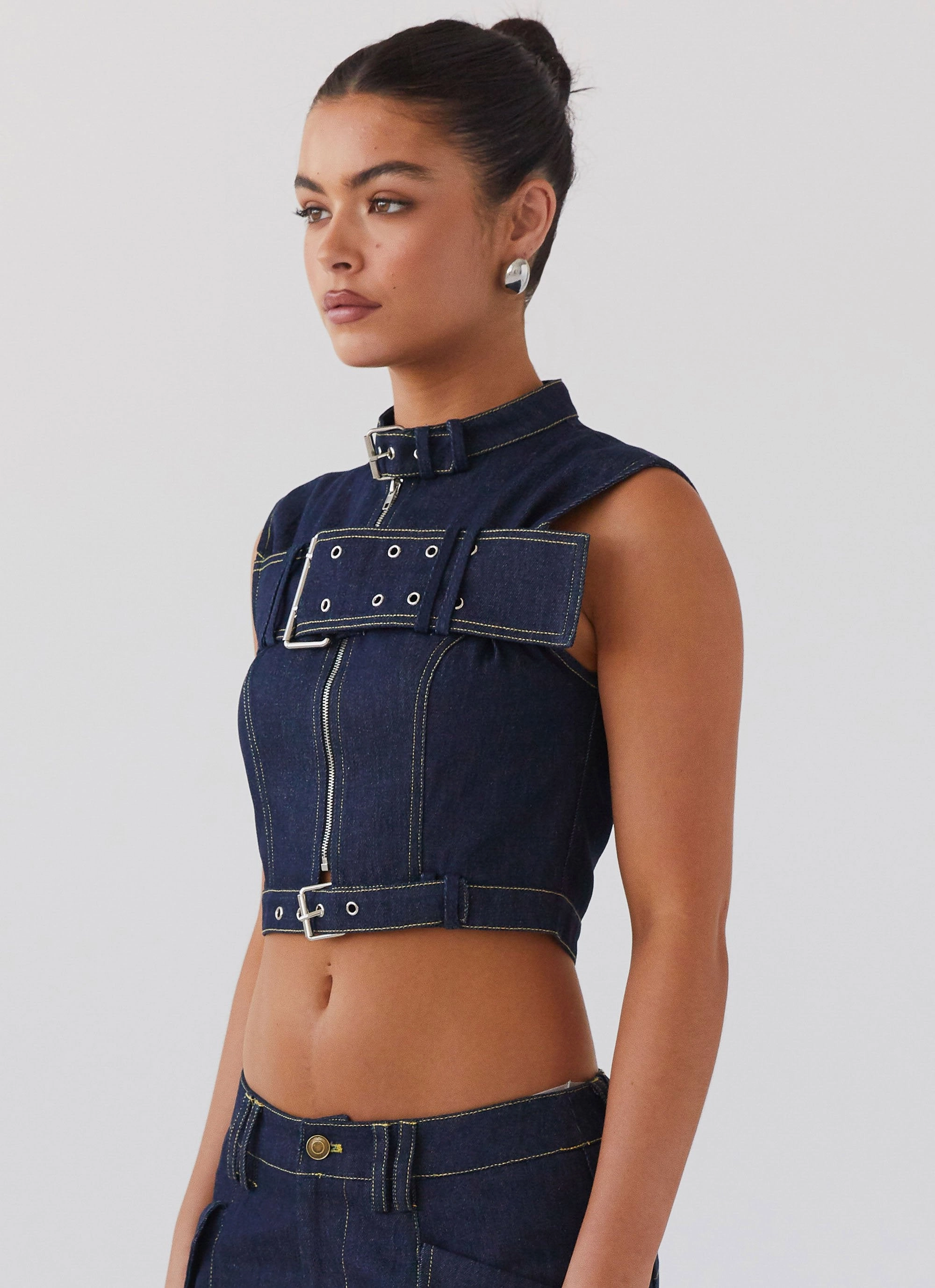 Greedy Denim Buckle Top - Indigo Hidden Ventilation Zones