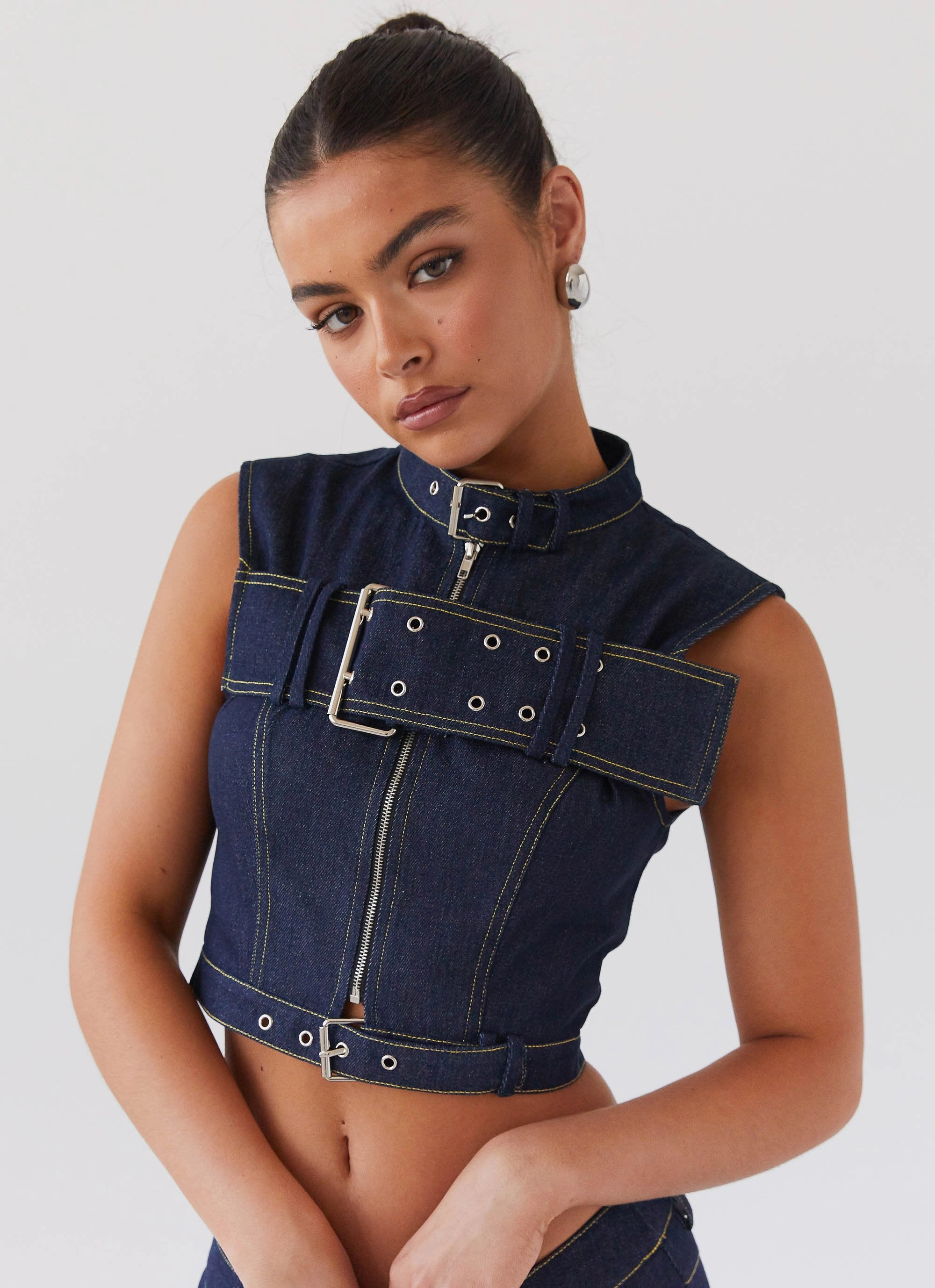 NonToxicCoating Greedy Denim Buckle Top - Indigo