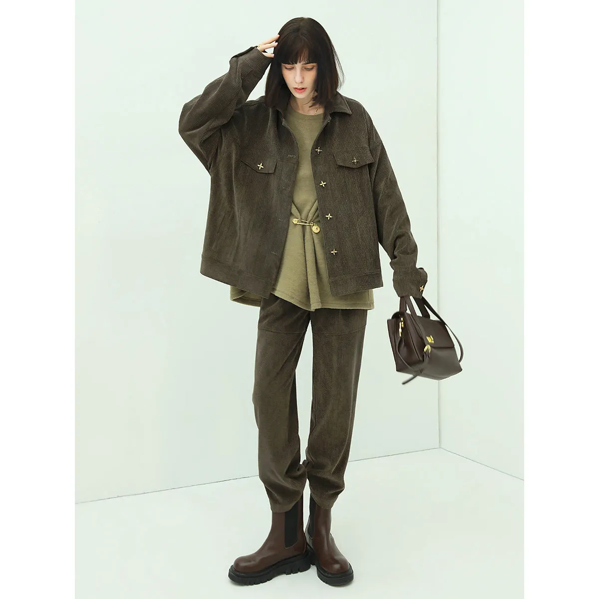 Green Corduroy Jacket with Gold Embellishments