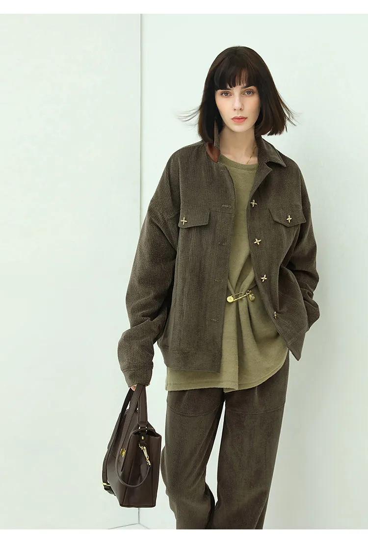 Green Corduroy Jacket with Gold Embellishments