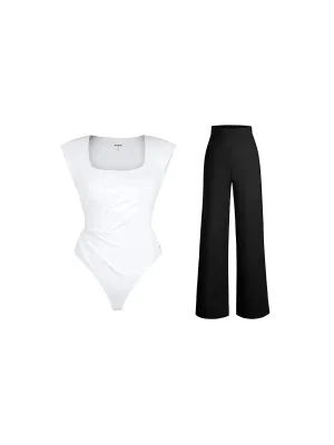 Day To Night Set Solid Sculpting Bodysuit Built-in Shapewear Pants Breathable mesh panel