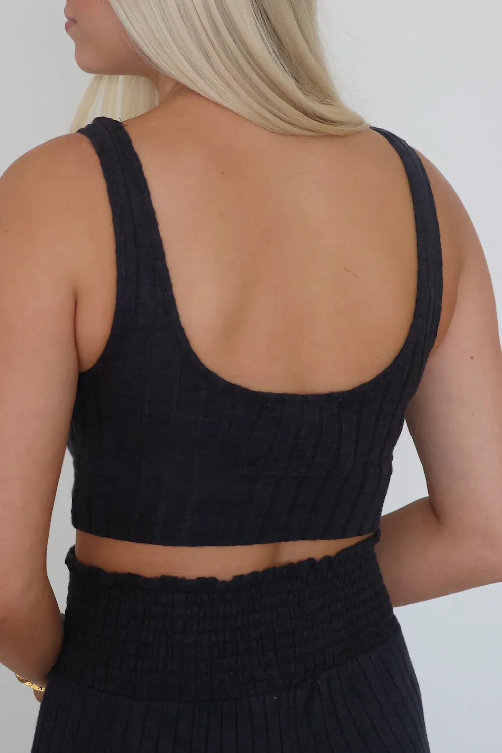 Zoe Ribbed Tank Bra - Black Sand DoubleLayeredFabric Layered Collar Design