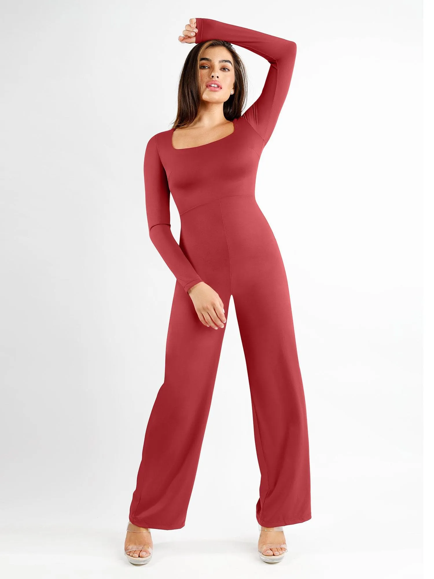 V-neck Blouse Shapewear Long Sleeve Square Neck Slimming Wide Leg Jumpsuit