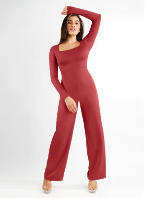 Recycled Material Blend HighNeckline Shapewear Long Sleeve Square Neck Slimming Wide Leg Jumpsuit