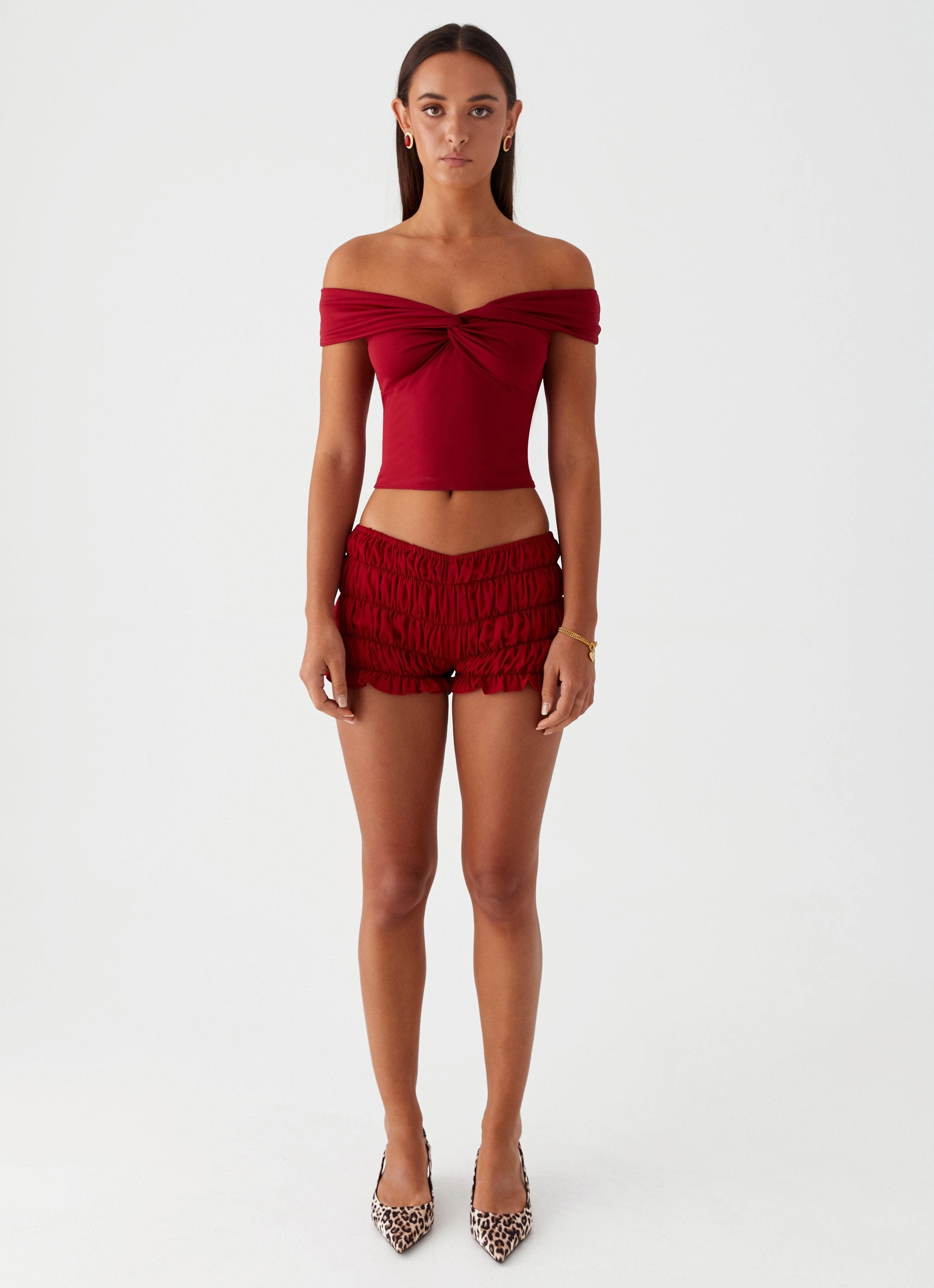 Girls Like Us Ruched Mini Shorts - Maroon Slim Wear Design