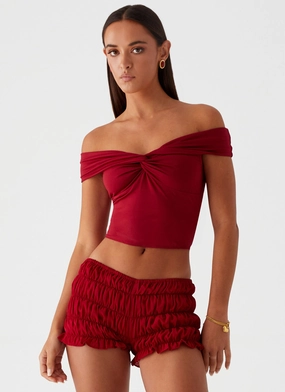 Girls Like Us Ruched Mini Shorts - Maroon SustainableManufacturing Odor Control Tech