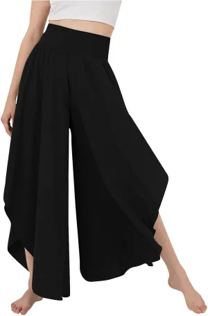 Gumipy Women Flowy Ruffle Wide Leg Pants High Waisted Elastic Waistband Palazzo Pants Flare Yoga Pants Soft Pilates Pants