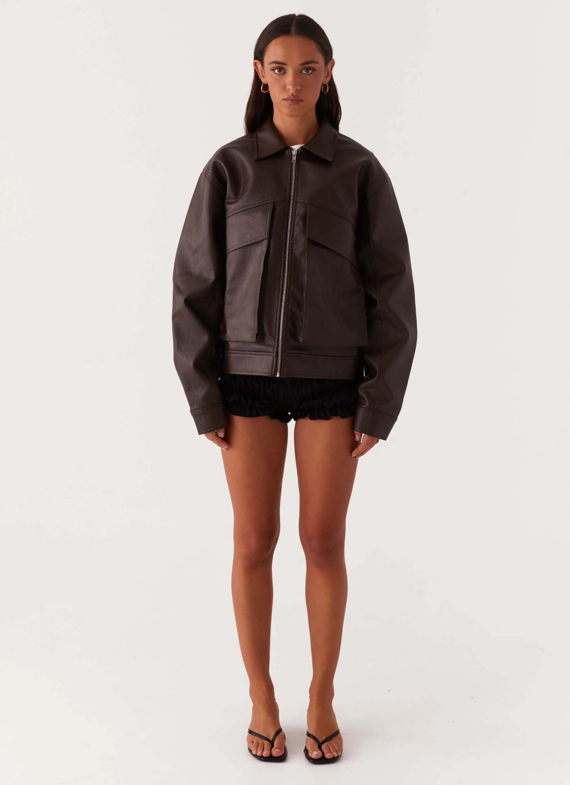 Bright Color Eco Conscious Dye Process Lula Faux Leather Bomber Jacket - Chocolate