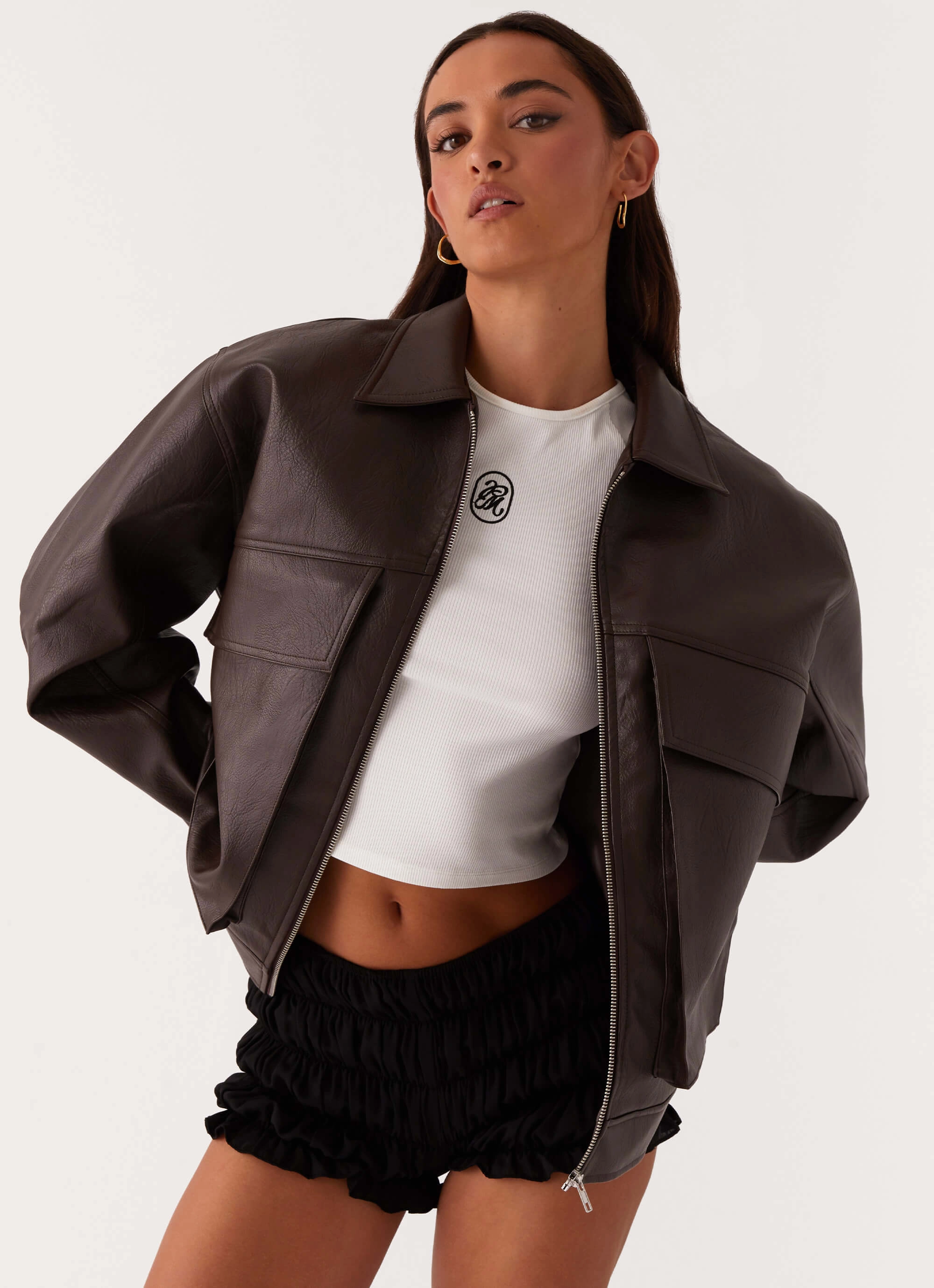 Lula Faux Leather Bomber Jacket - Chocolate Lightweight Design Hooded Versatile Design