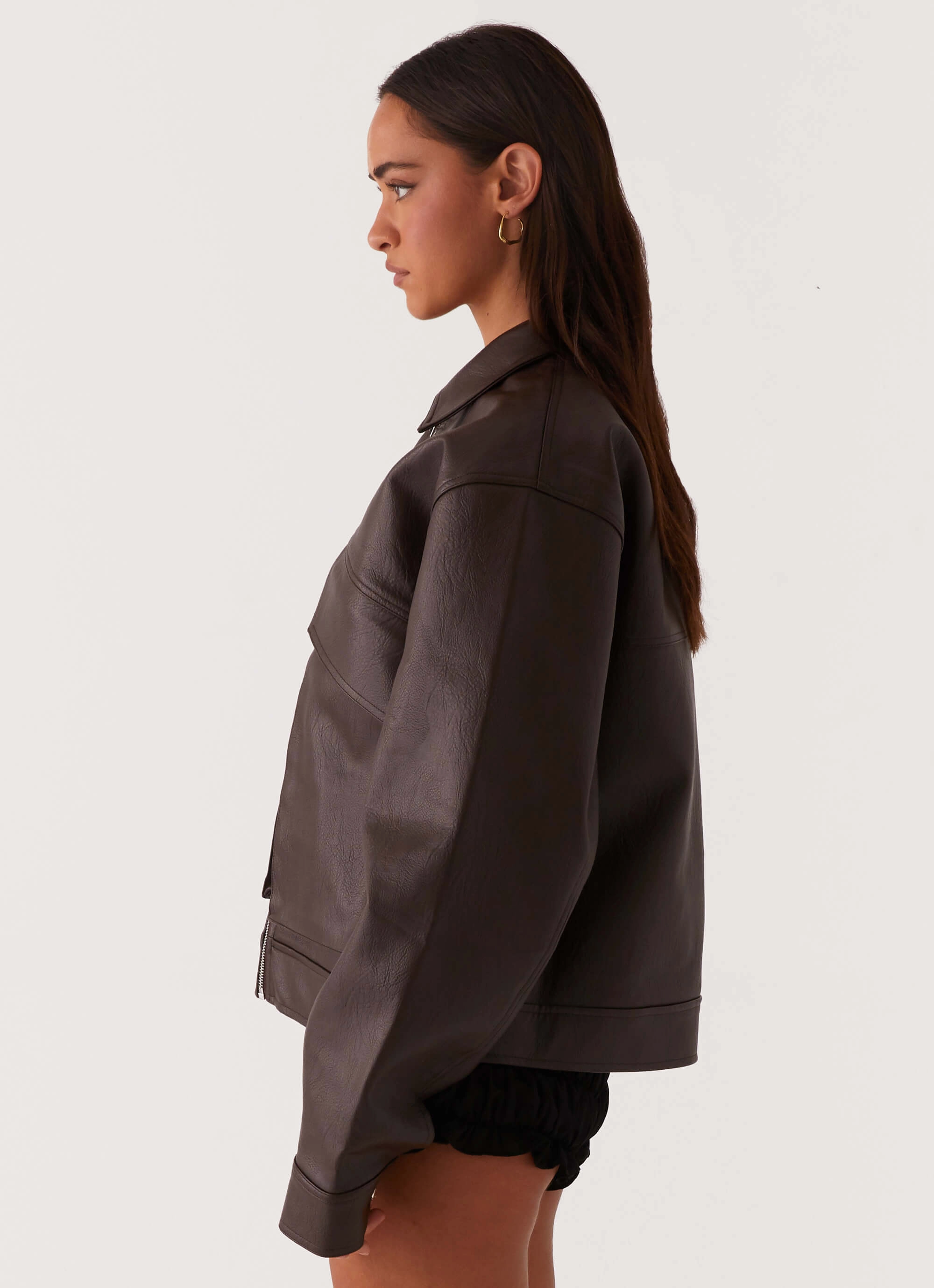 Lula Faux Leather Bomber Jacket - Chocolate Modern Utility Versatile Layering Options