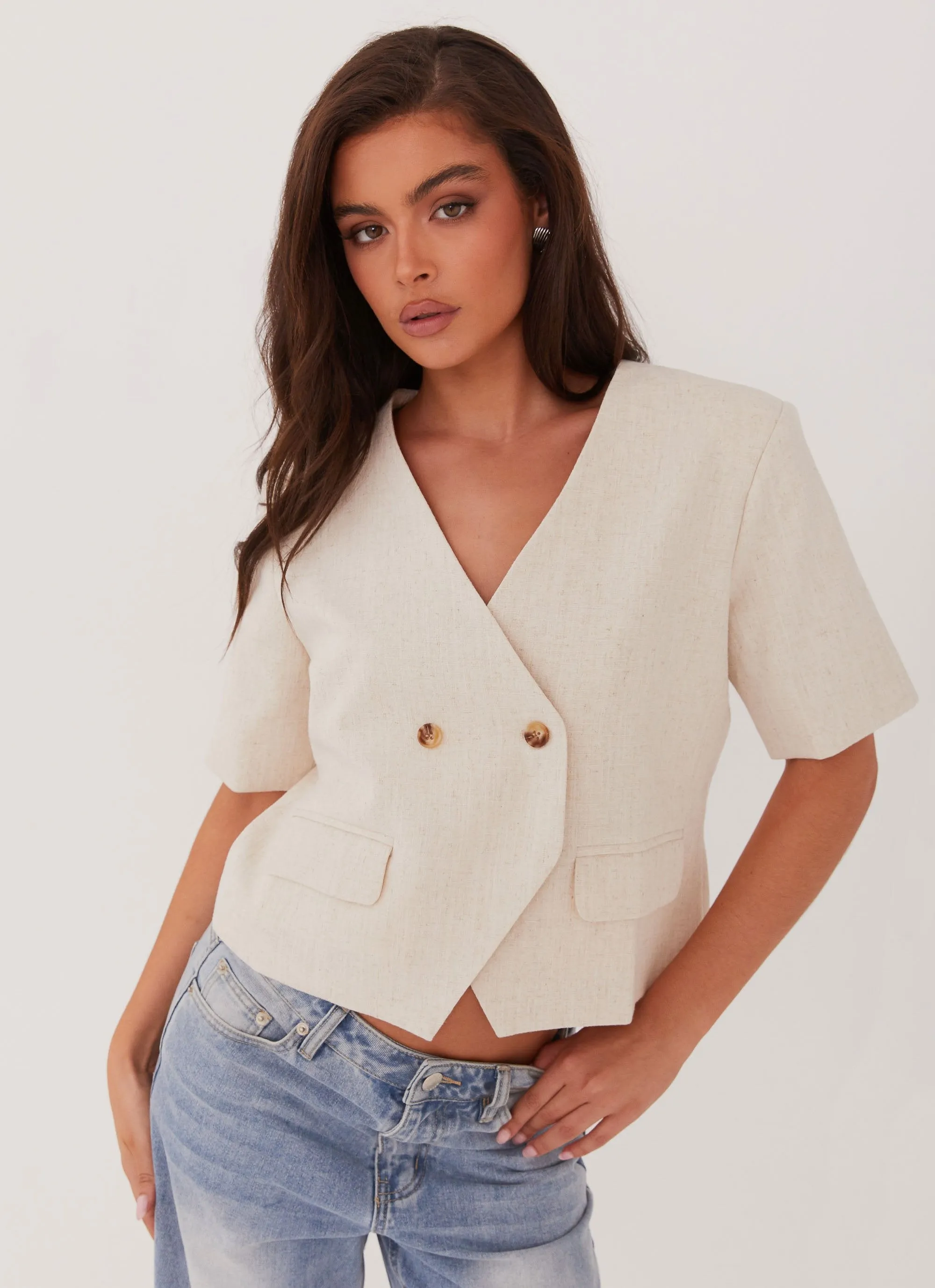Bamboo Fiber Fabric Hacienda Linen Short Sleeve Blazer - Oatmeal