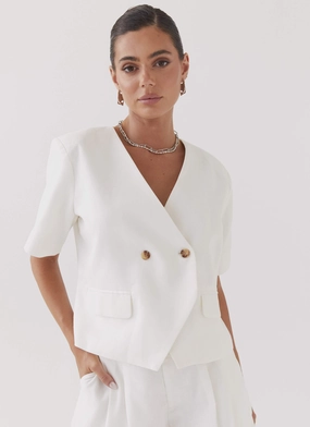 Hacienda Linen Short Sleeve Blazer - White Sealed Seam Construction Windbreaker Inspired Fit