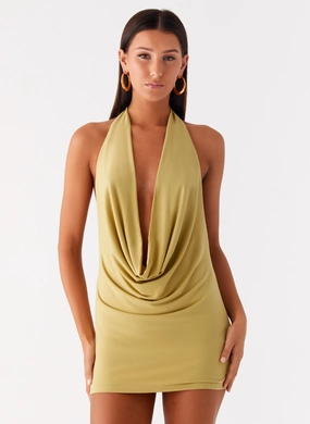 Haisley Cowl Mini Dress - Lime Green BiasCutSilhouette Evening Chic