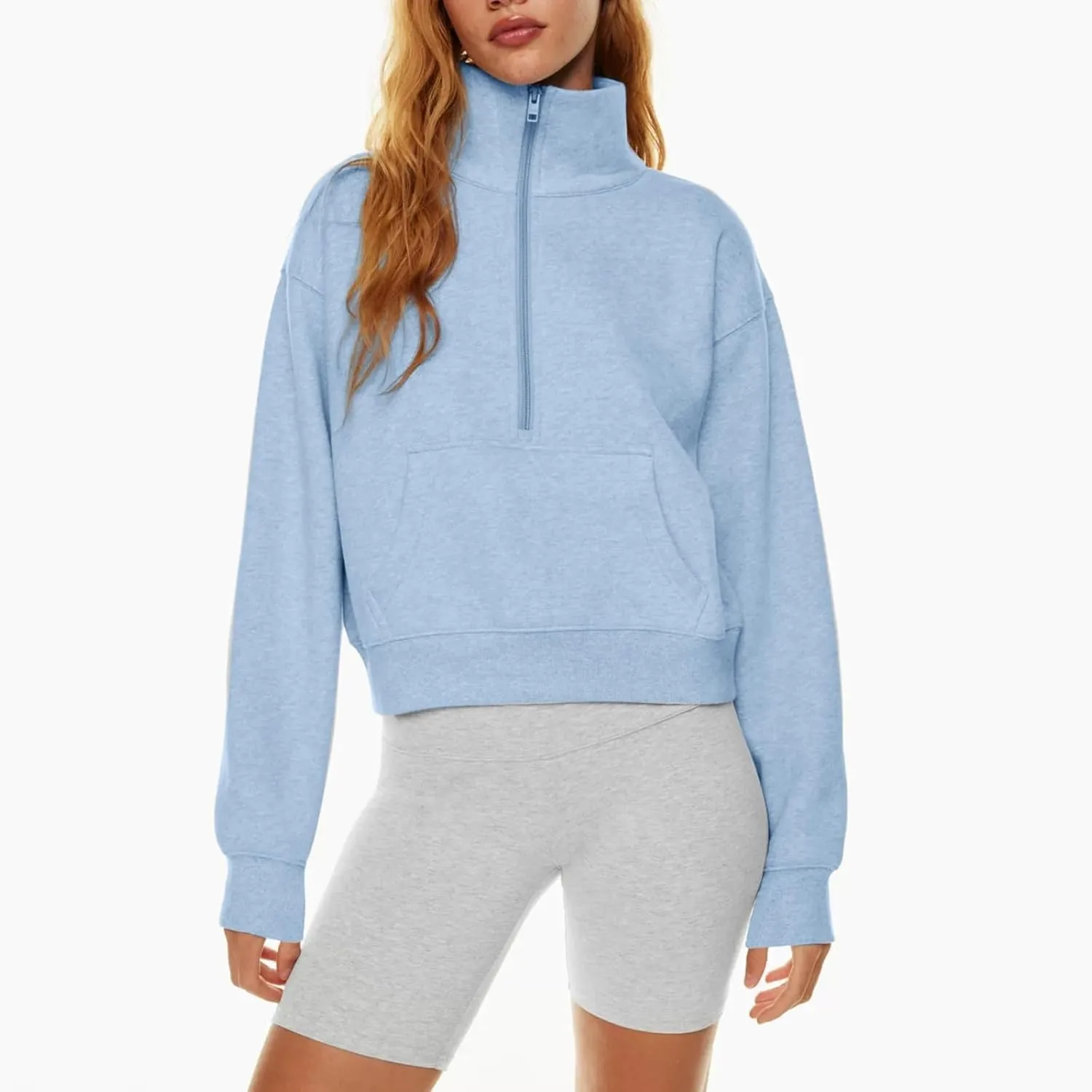 Half Zip Pullover Women Fleece Long Sleeve Cropped Sweatshirts with Thumb Holes Comfy Stand Collar Oversized Sweaters