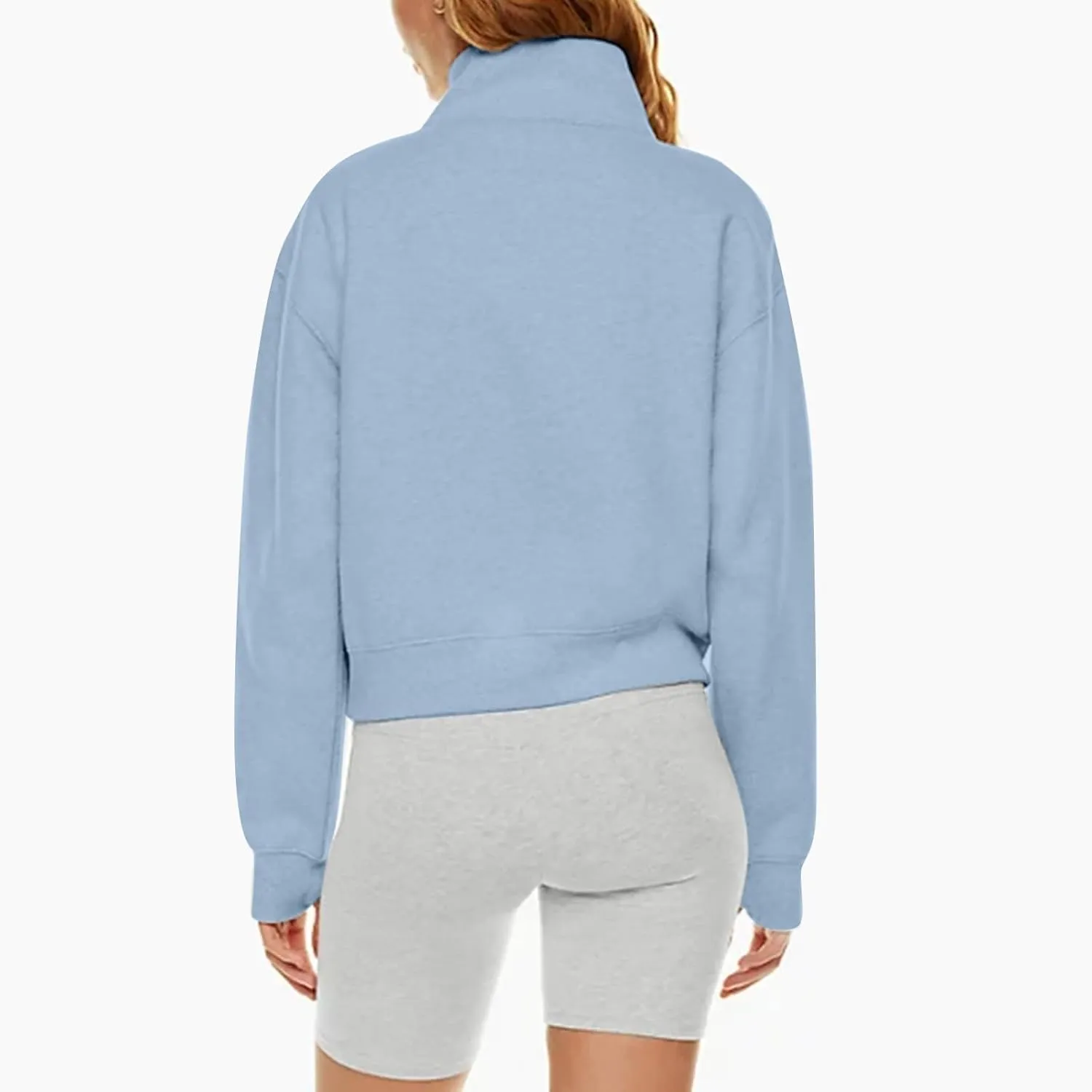 Half Zip Pullover Women Fleece Long Sleeve Cropped Sweatshirts with Thumb Holes Comfy Stand Collar Oversized Sweaters