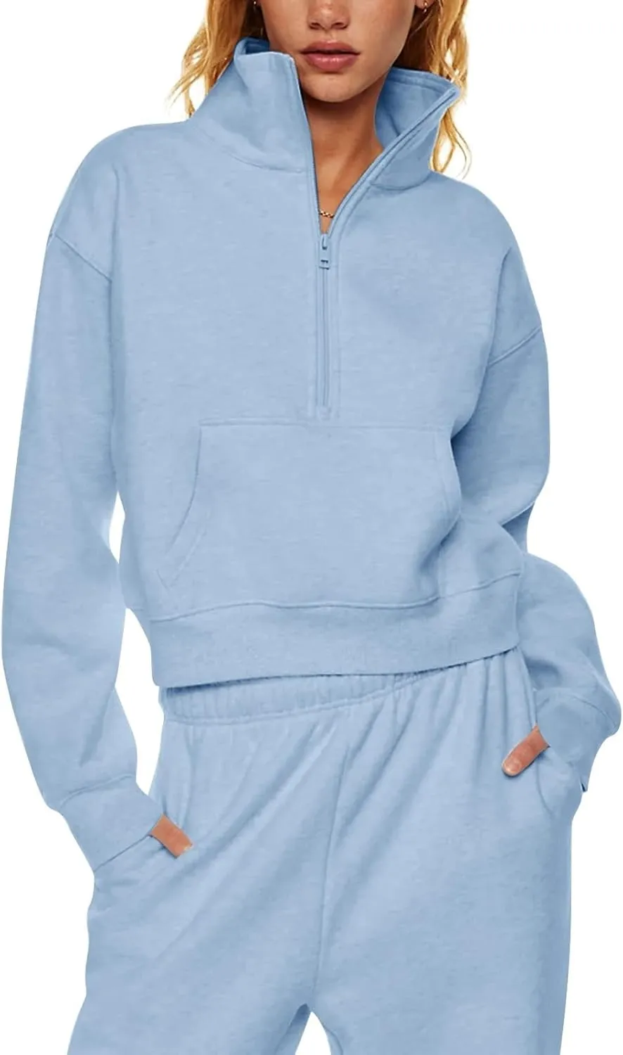 Half Zip Pullover Women Fleece Long Sleeve Cropped Sweatshirts with Thumb Holes Comfy Stand Collar Oversized Sweaters