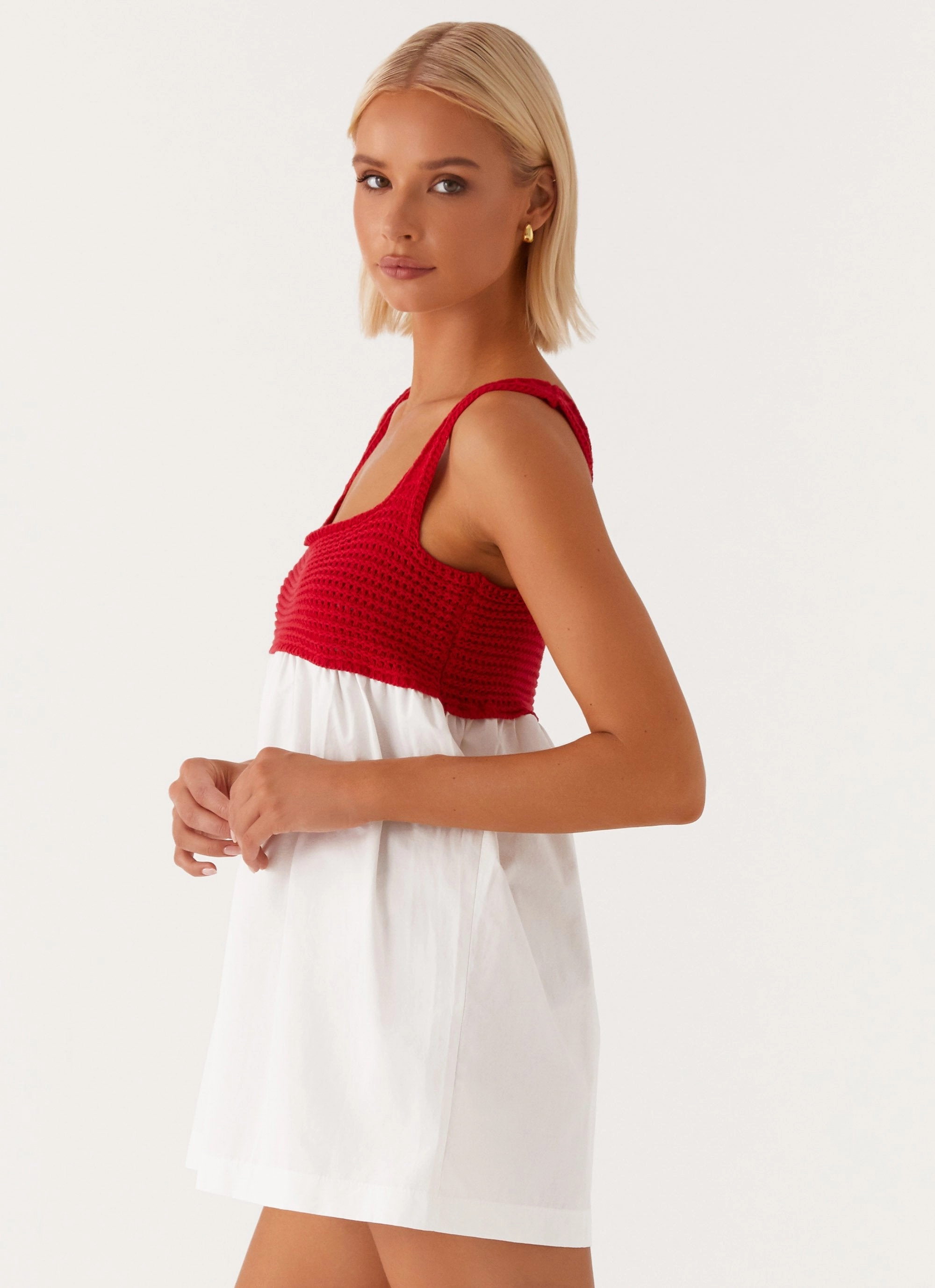 Halona Crochet Babydoll Mini Dress - Red Ruffle Hem