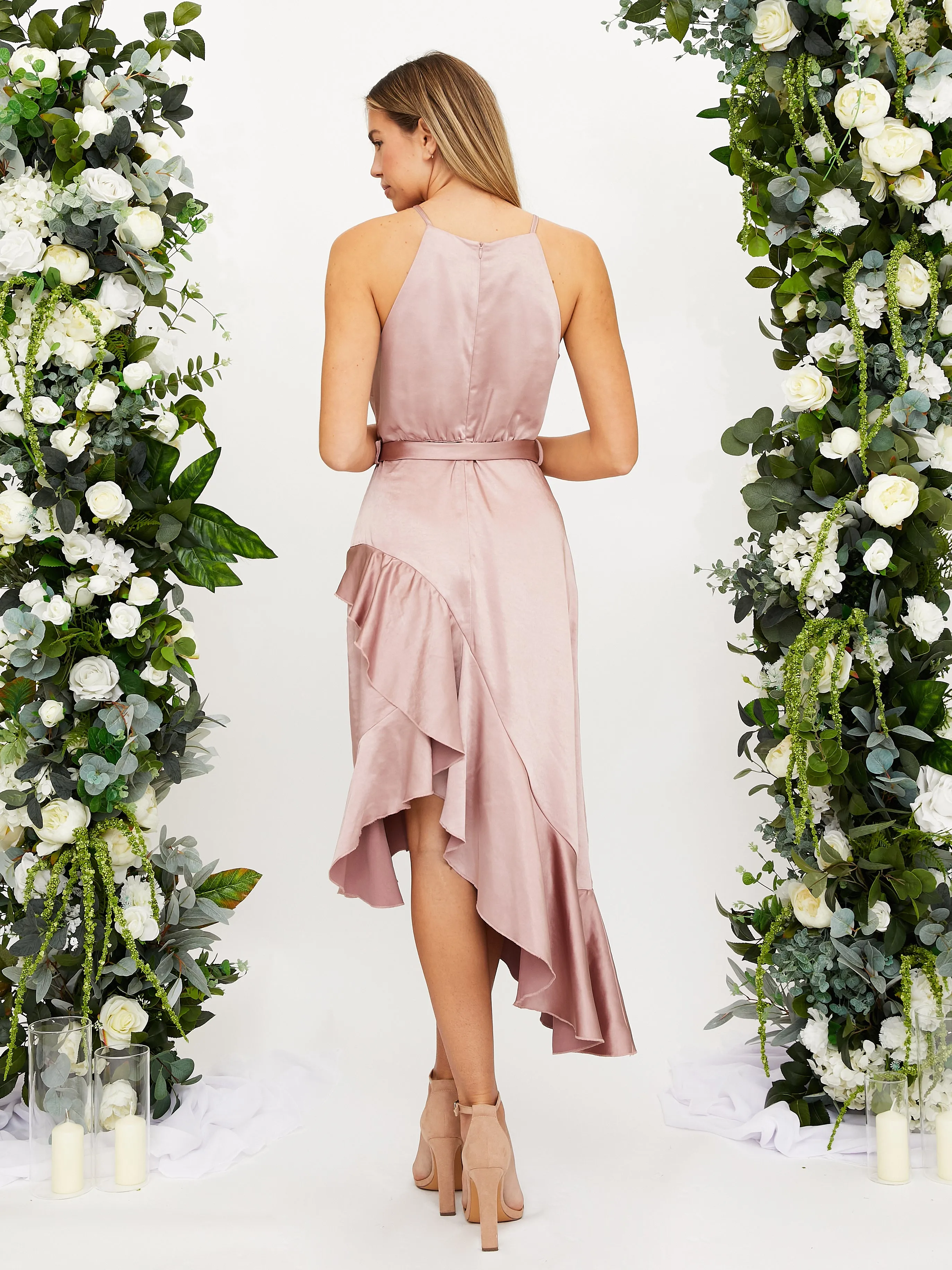 Halter Frill Satin Midi Dress / Blush French Vibe