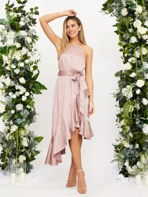 Polished Look Halter Frill Satin Midi Dress / Blush