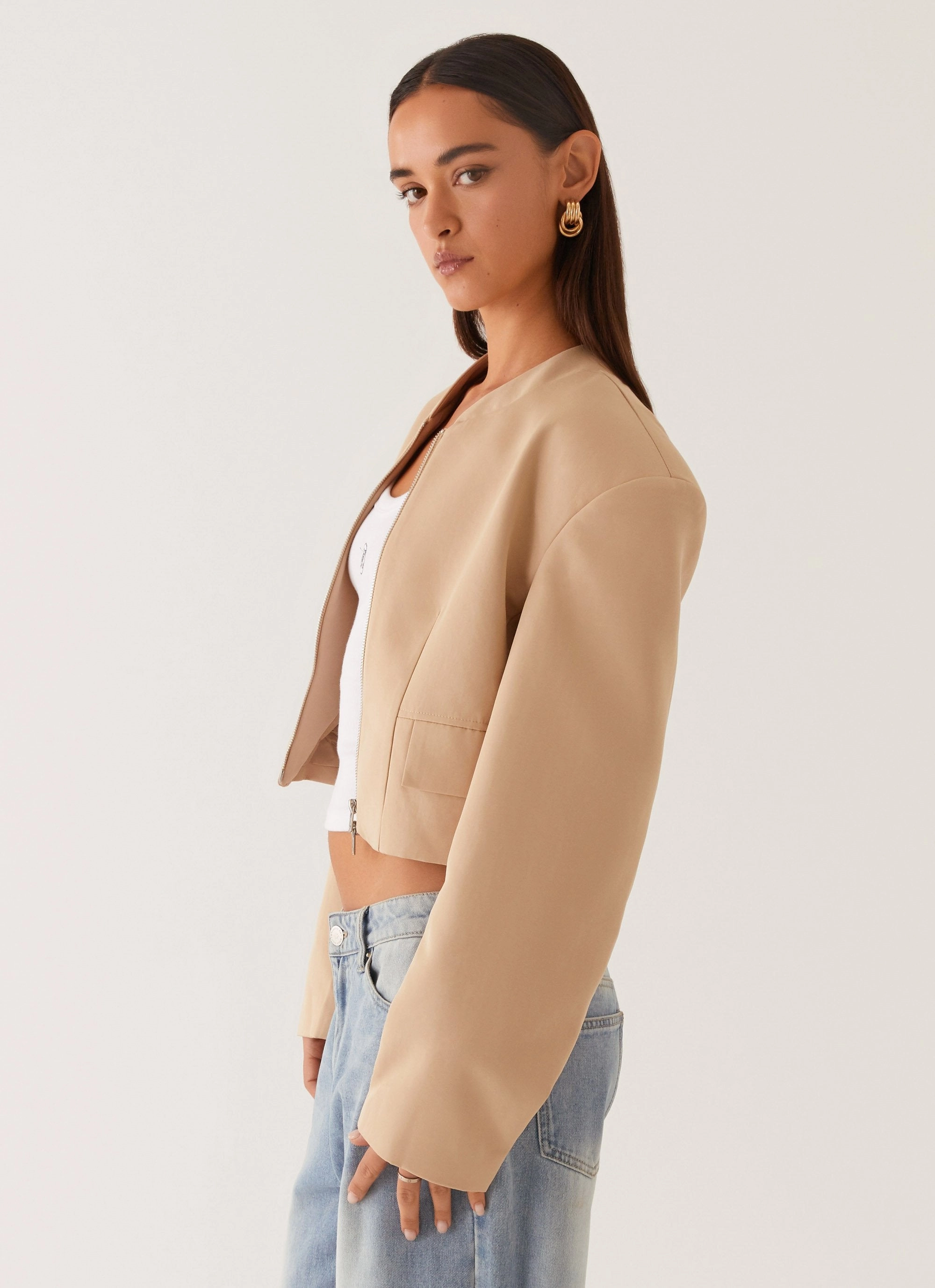 Halyn Cropped Bomber Jacket - Brown AbrasionResistant