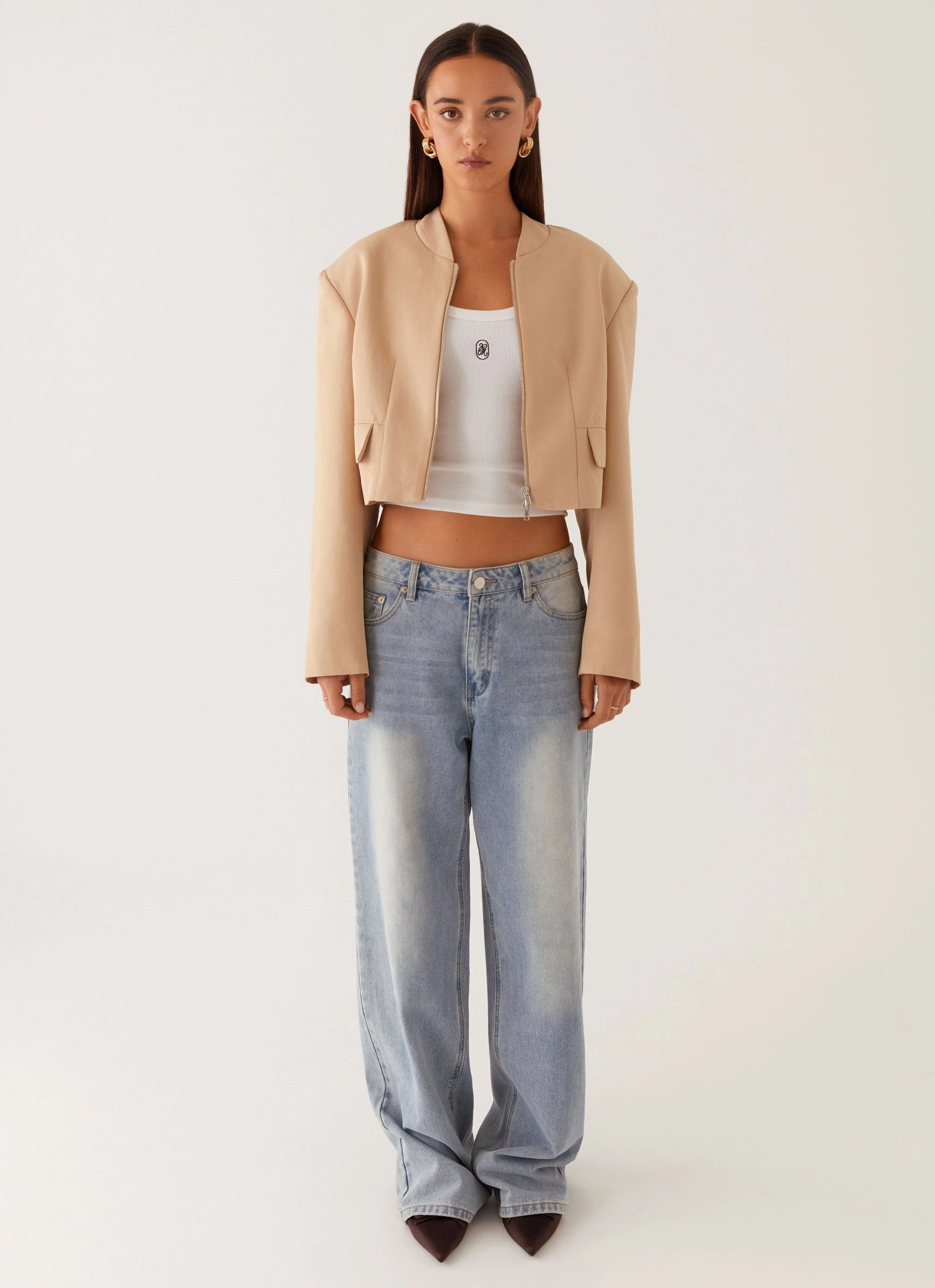 Halyn Cropped Bomber Jacket - Brown Practical Everyday Fit