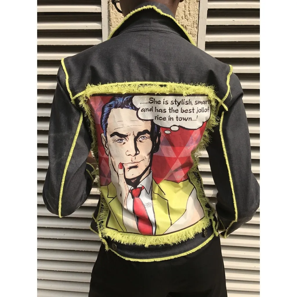 HAND FRAYED JOLLOF TRUCKER JACKET by KIKIKAMANU Inc.