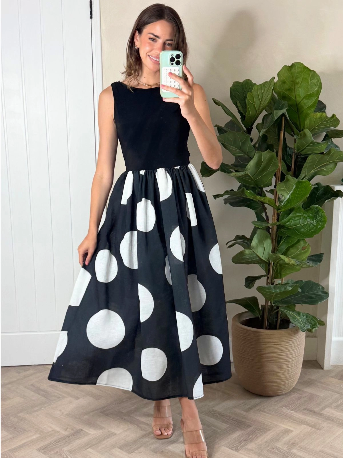 Fall Style Silky-Lining Rhoda Black and White Polka Dot Midi Dress