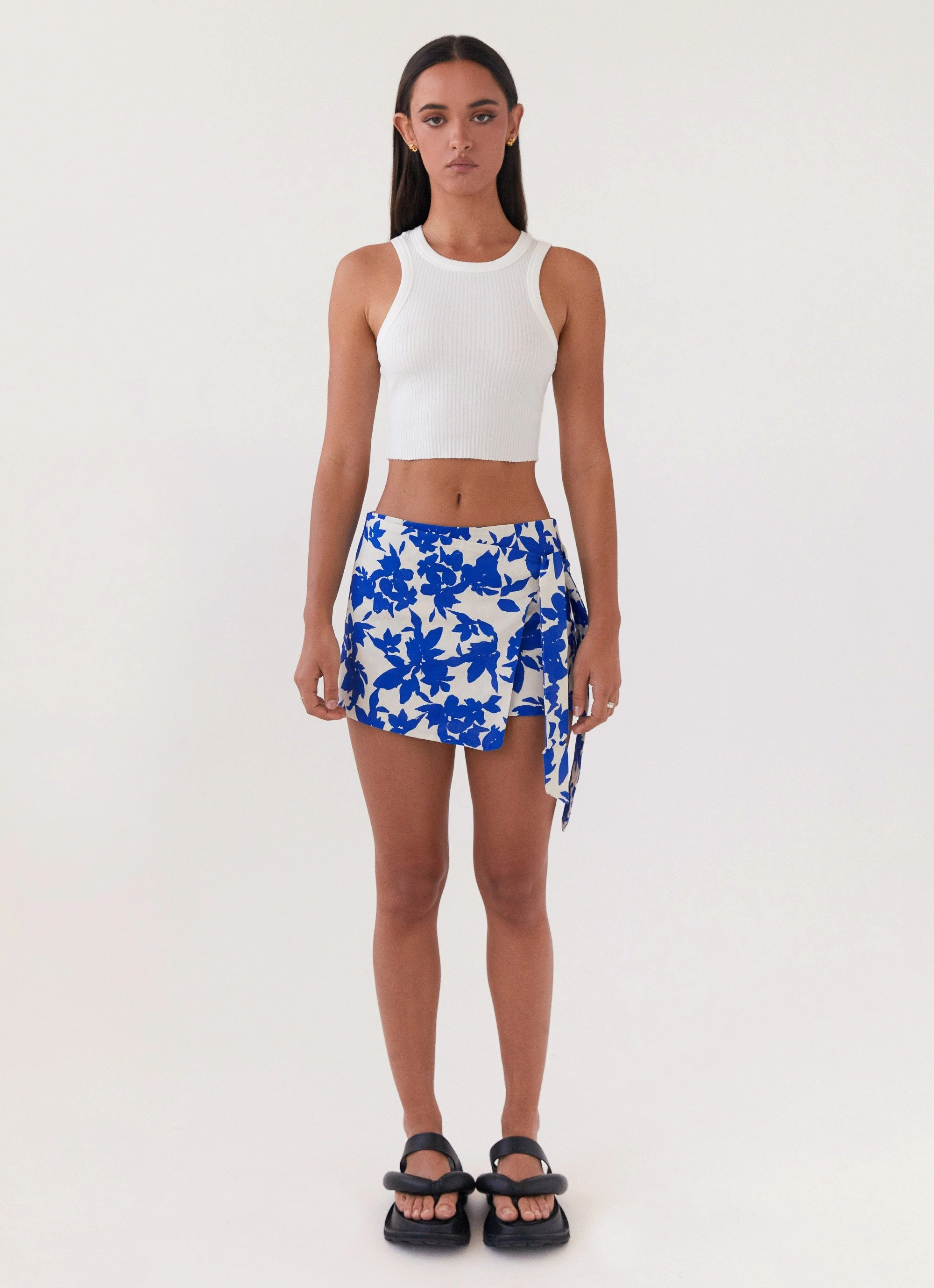 Steal Away Linen Wrap Skirt - Blue Floral Button Details