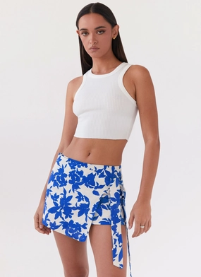 Budget Friendly Comfort Mood Steal Away Linen Wrap Skirt - Blue Floral