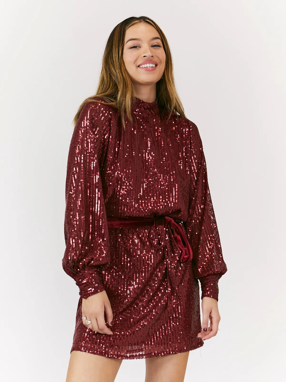 Hannah Sequin High Neck Mini Dress / Mulberry Vibrant Look