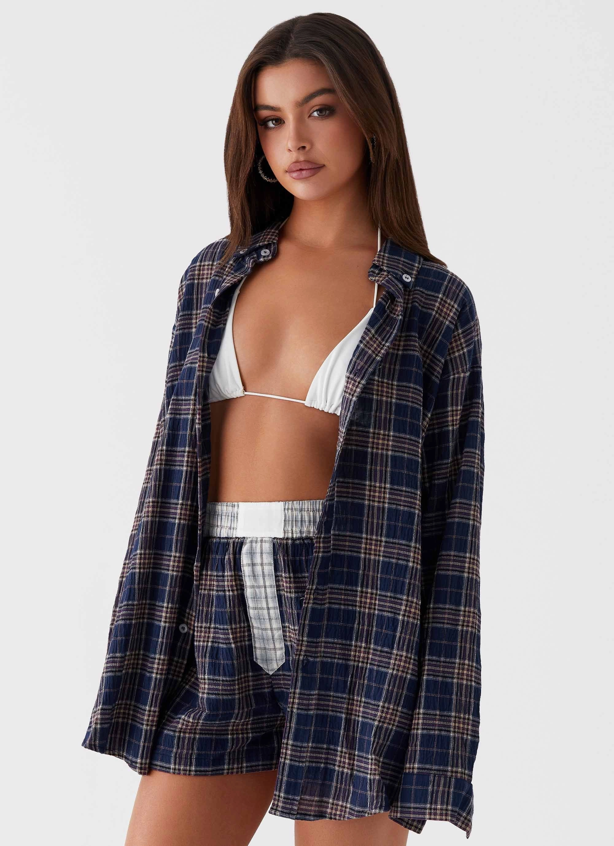 Harley Oversized Shirt - Navy Check Cold Day Look Easy Comfort