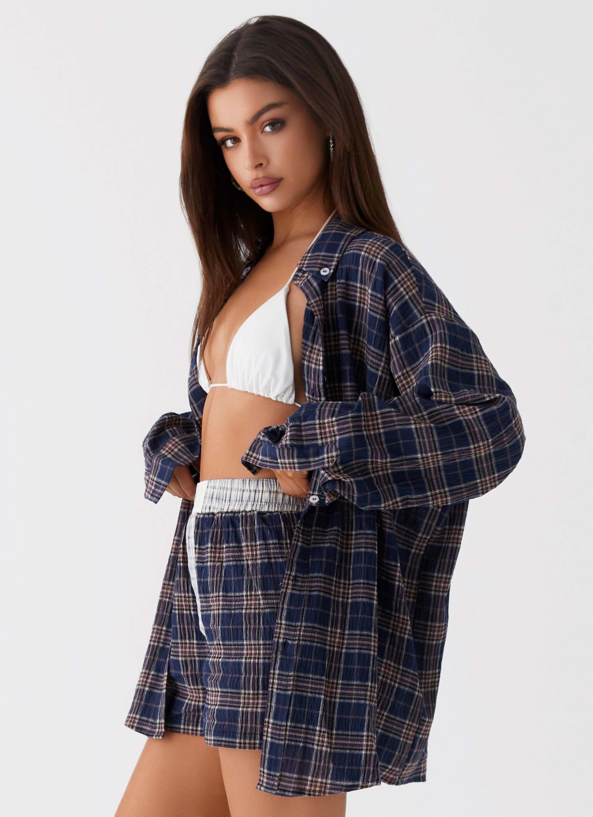 Harley Oversized Shirt - Navy Check Frictionless Lining