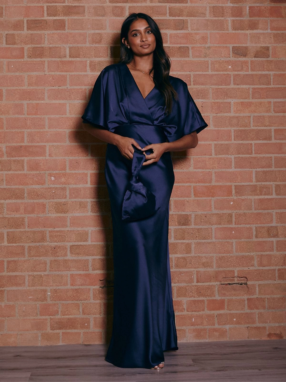 Angel Sleeve Maxi Satin Dress / Navy Easy Wrap Cool Form