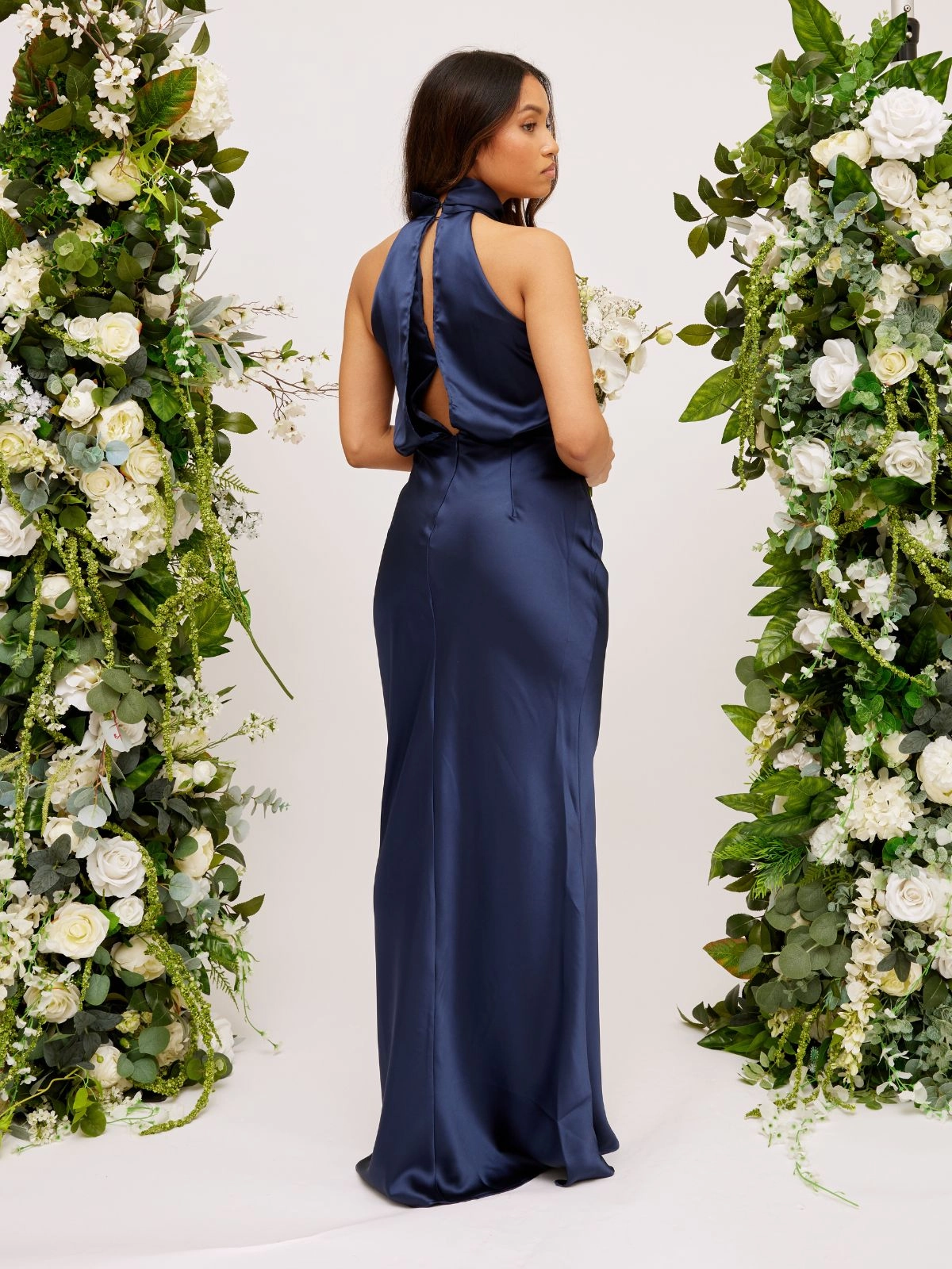 Sophisticated Wear Timeless Waist Twist Neck Satin Maxi Dress / Navy