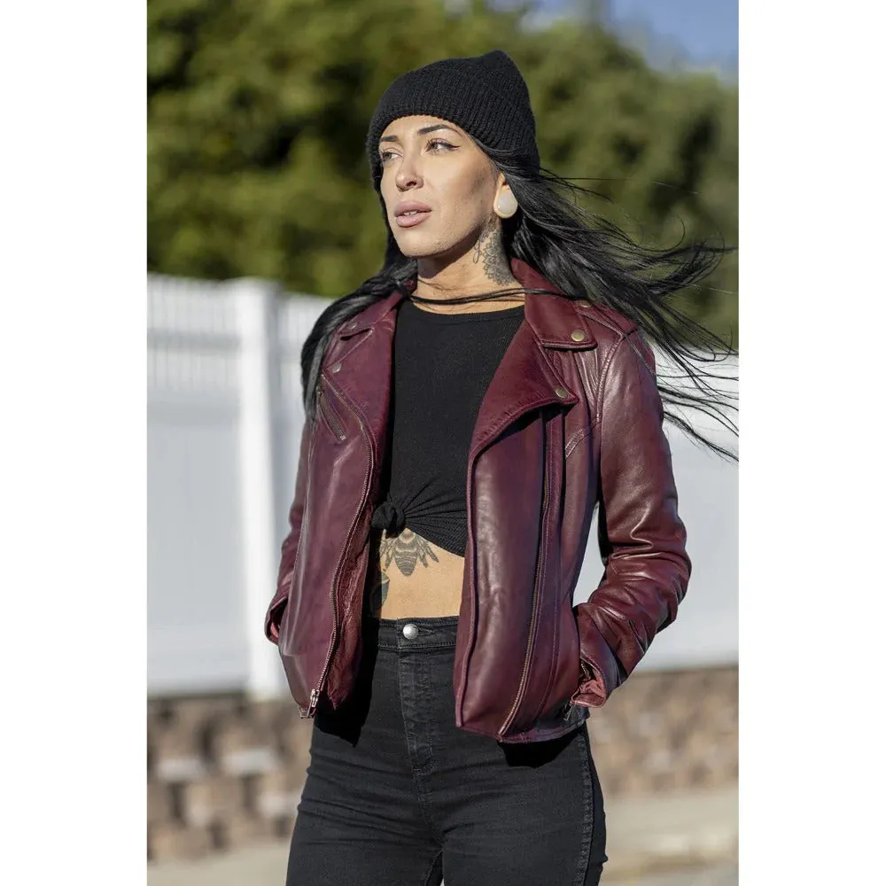 Harper Womens Moto Leather Jacket (Sangria)