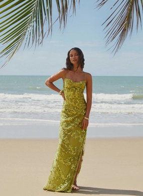 Street Vibe Work Mood Havana Sequin Maxi Dress - Lime