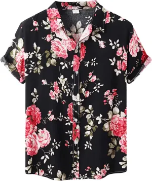 Hawaiian Shirts for Men Printed Flower Casual Button Down Short Sleeve Beach Party Holiday Tops