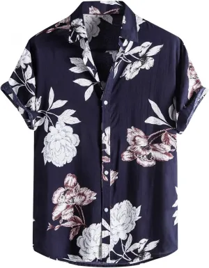 Hawaiian Shirts for Men Printed Flower Casual Button Down Short Sleeve Beach Party Holiday Tops