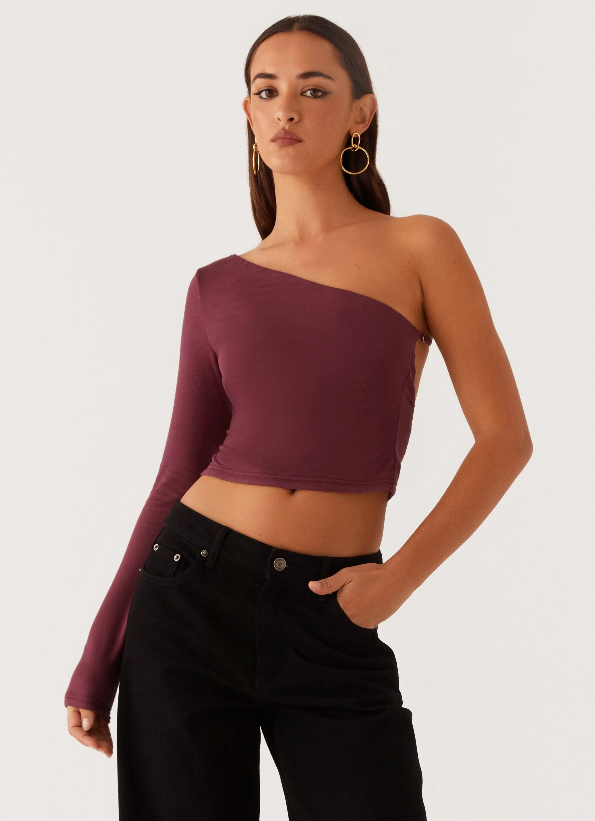 Hawkins Open Back One Shoulder Top - Mulberry casual top Double Layered Hem Reinforcement