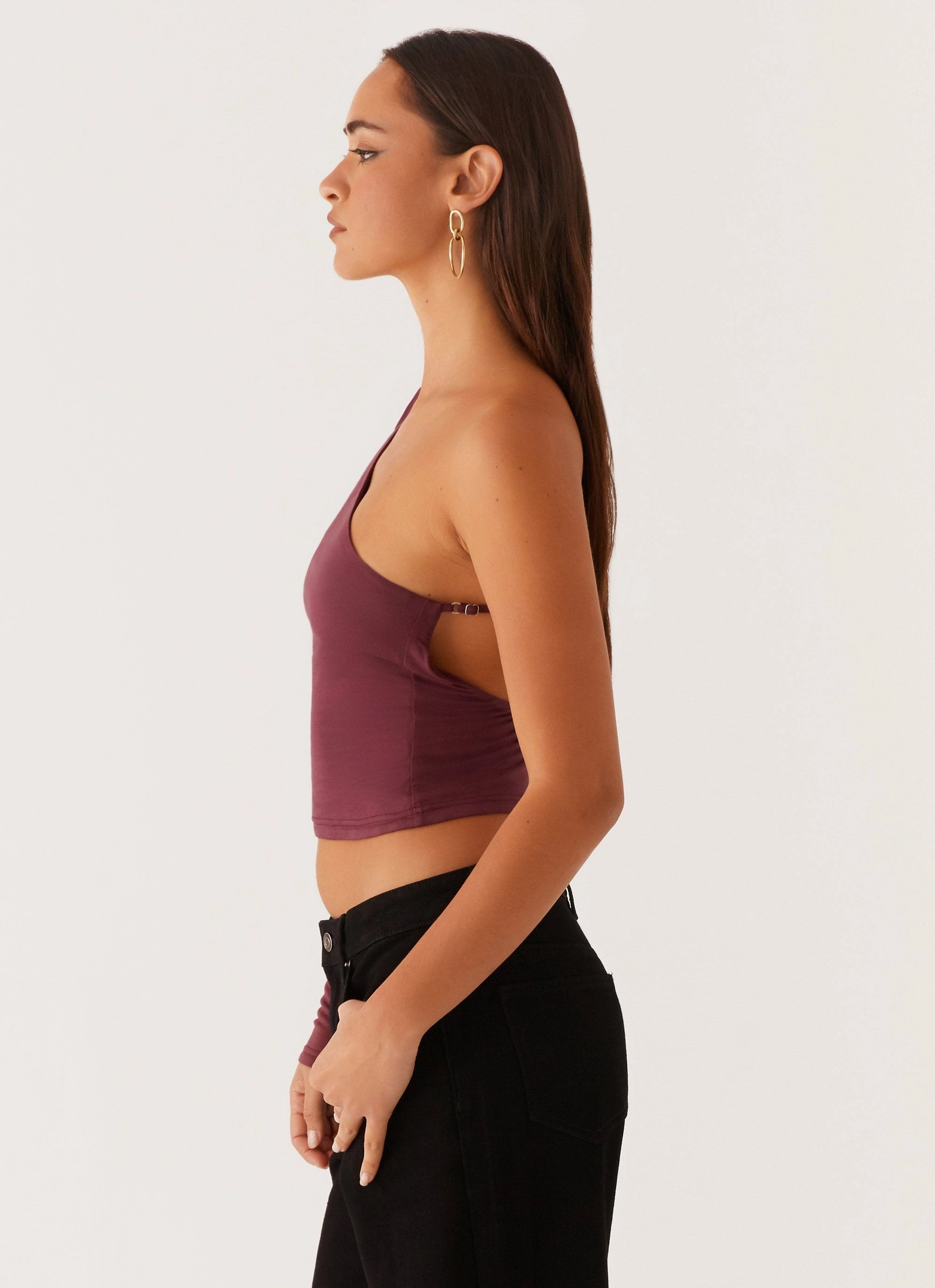 Snag Resistant Surface VNeckline Hawkins Open Back One Shoulder Top - Mulberry