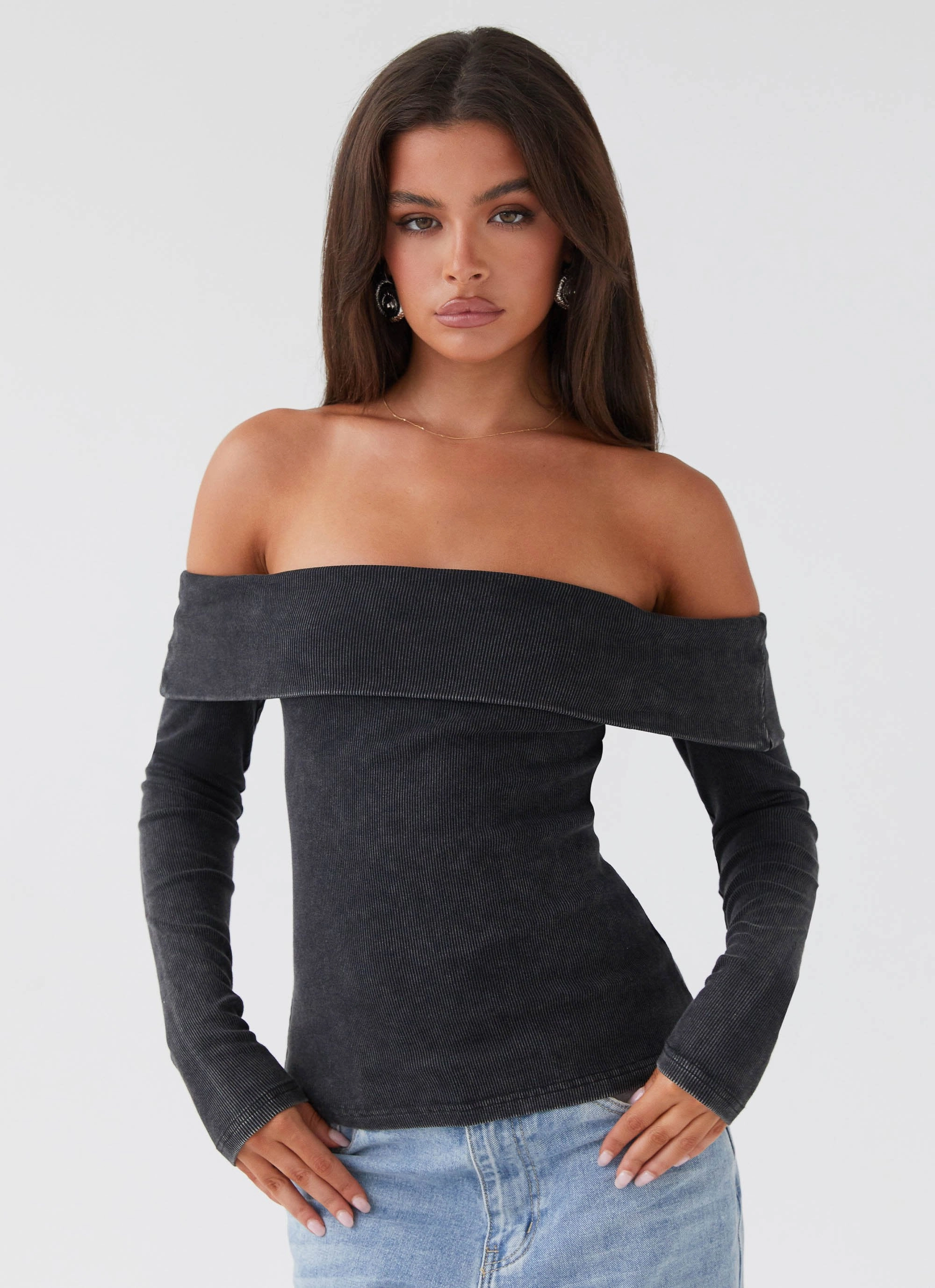 Hayley Long Sleeve Ribbed Top - Charcoal Acid Wash Anti Pilling Treatment