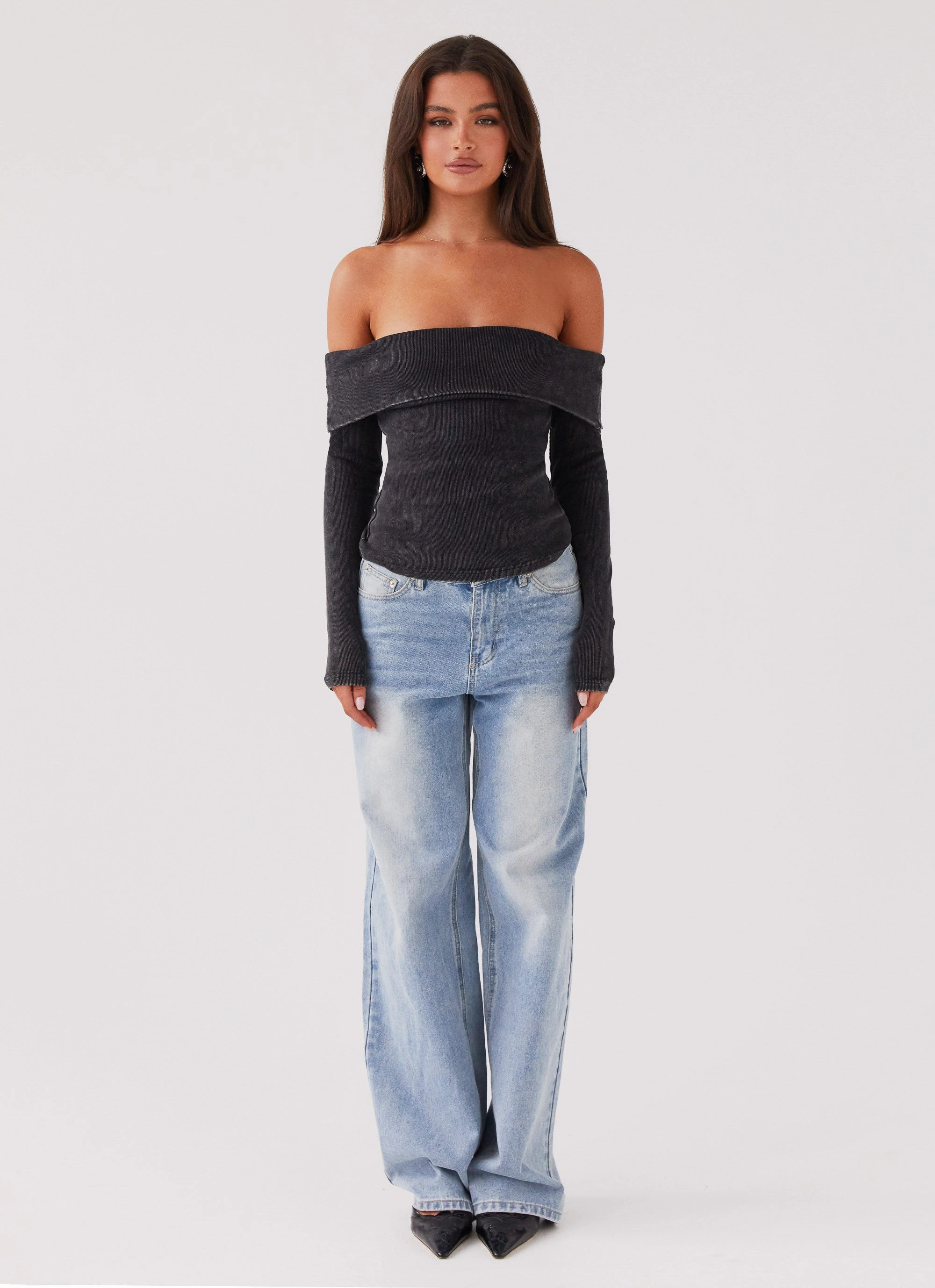 Hayley Long Sleeve Ribbed Top - Charcoal Acid Wash SoftLining MultiPurposeUtility