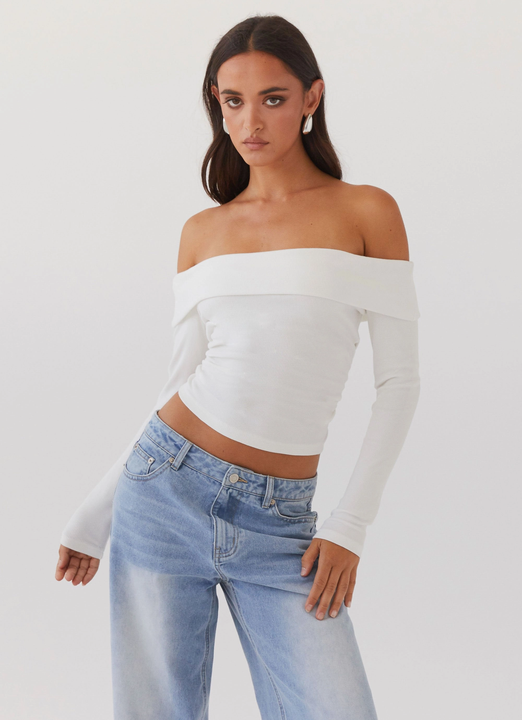 Hayley Long Sleeve Ribbed Top - White AntiSlipGrip LatticeKnit