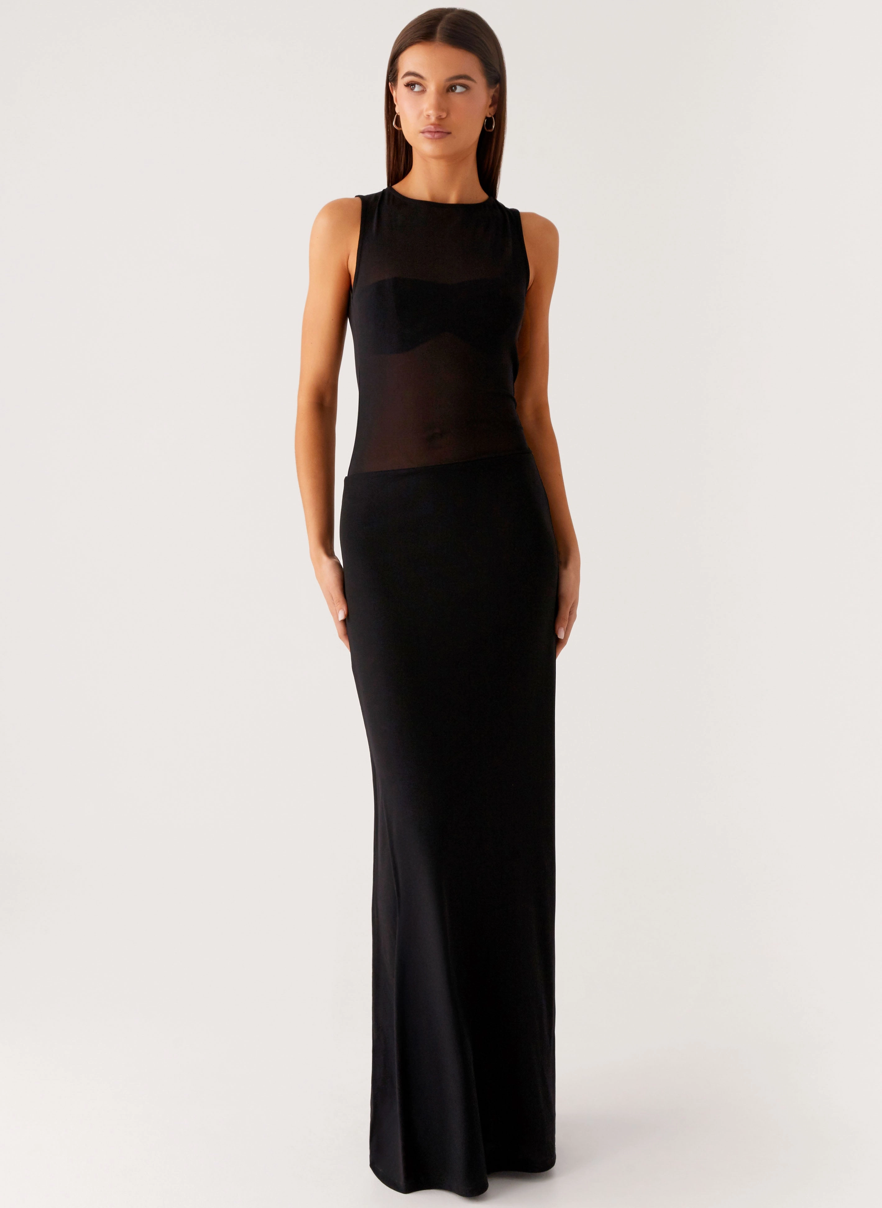 Minimalist-Style Lyria Mesh Maxi Dress - Black