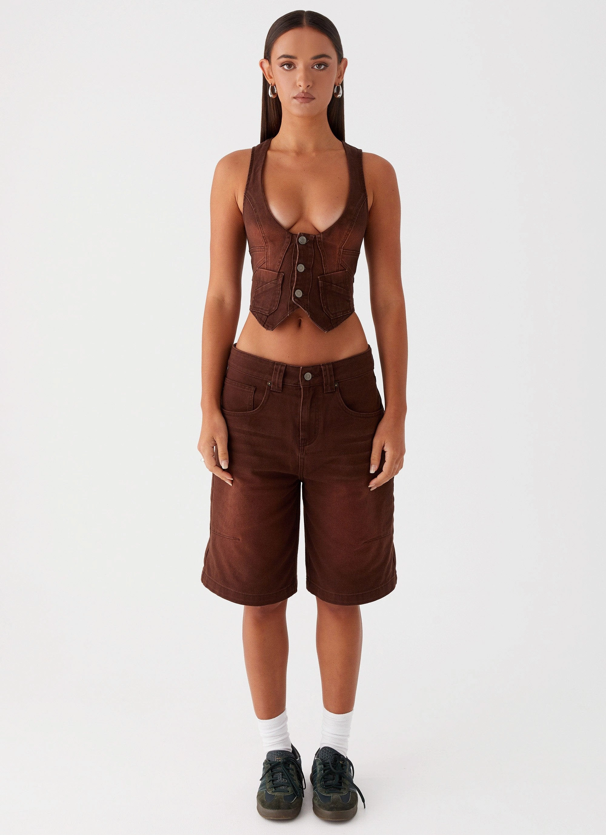 Heading South Denim Jorts - Brown Slim Silhouette