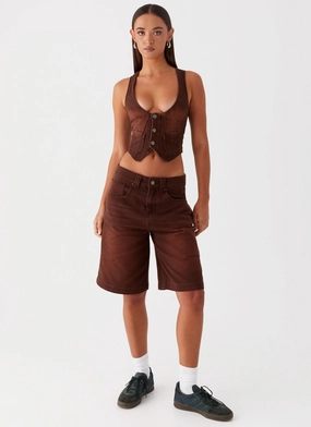 Moisture Managing Layer Weekend Casual Fit Heading South Denim Jorts - Brown