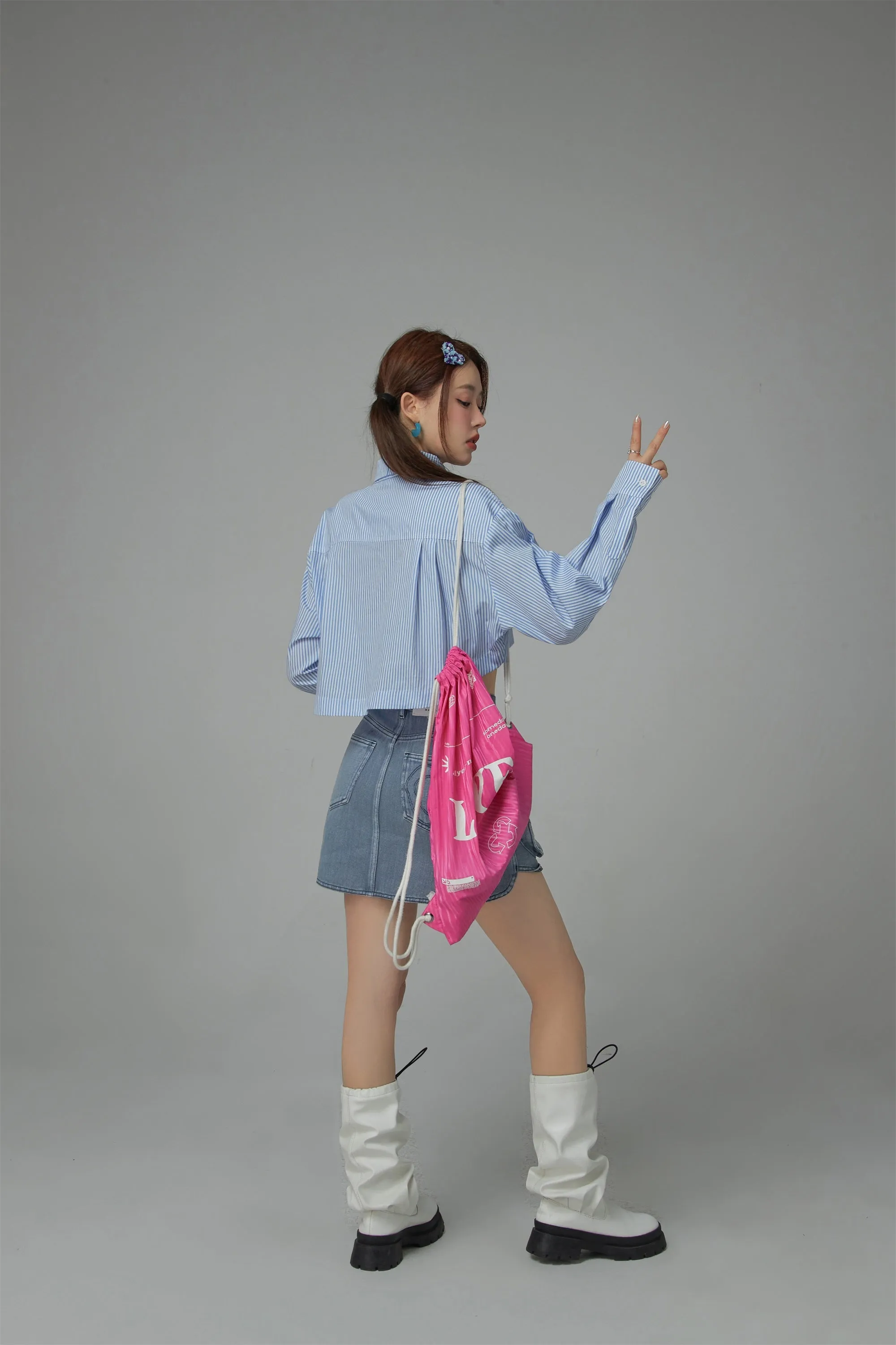 Heart Denim Pocket Stripe Crop Shirt