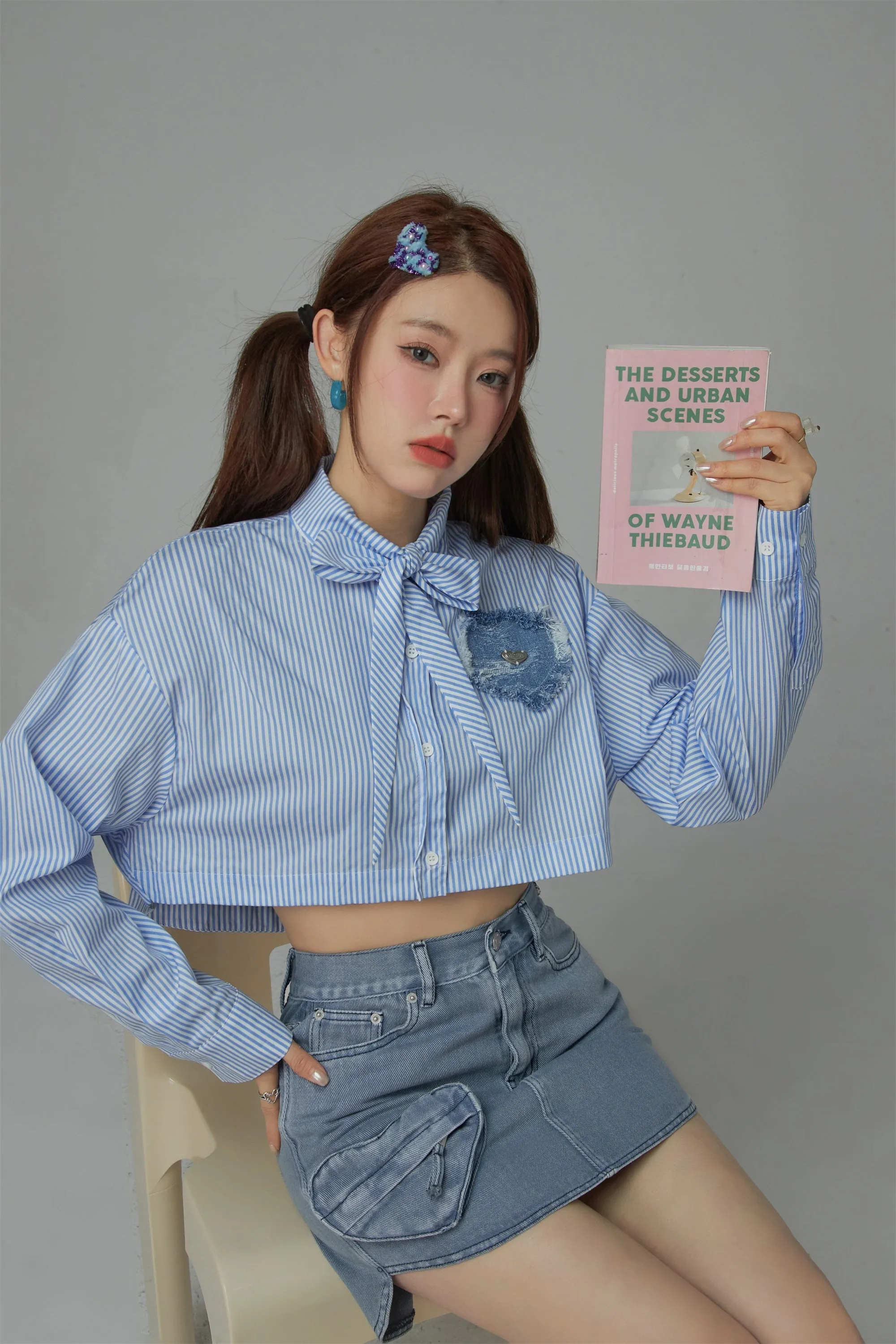 Heart Denim Pocket Stripe Crop Shirt